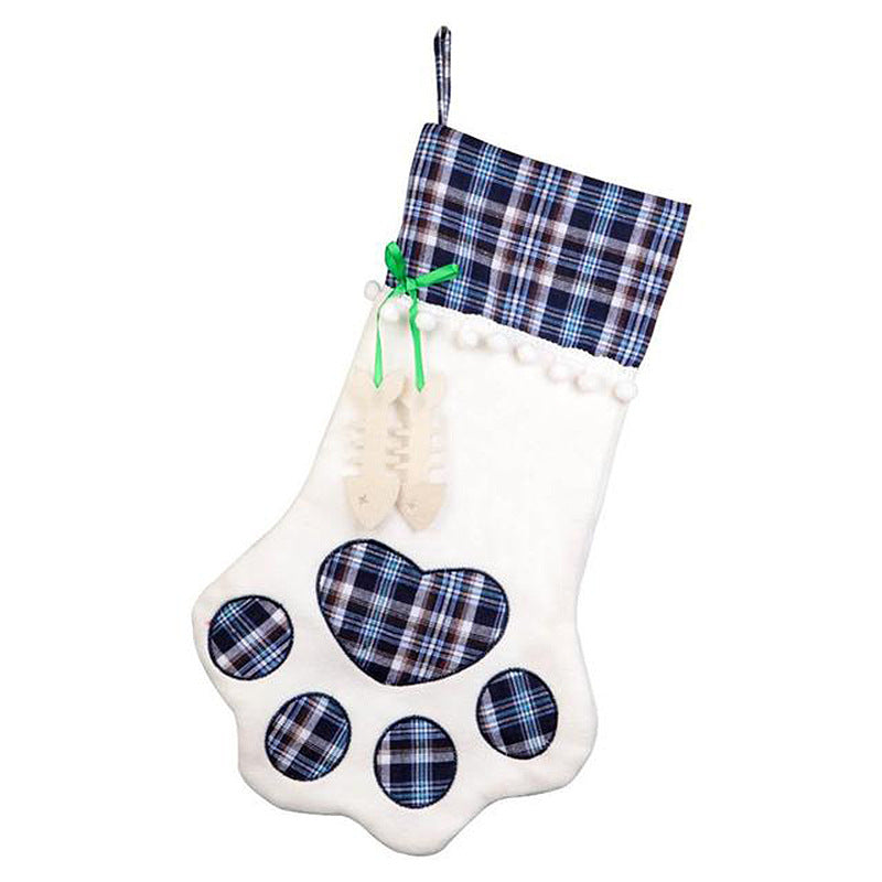 Blue Large Plaid Dog Paw Christmas Stocking - Festive Fireplace Decor for Pet Lovers