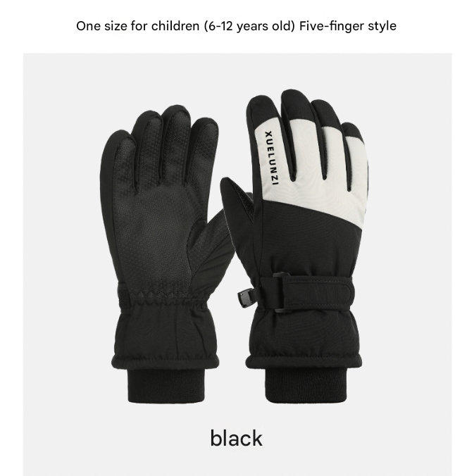 Black Kids' Waterproof Thermal Ski Gloves - Windproof Winter Snow Gloves with Touchscreen & Anti-Slip Grip