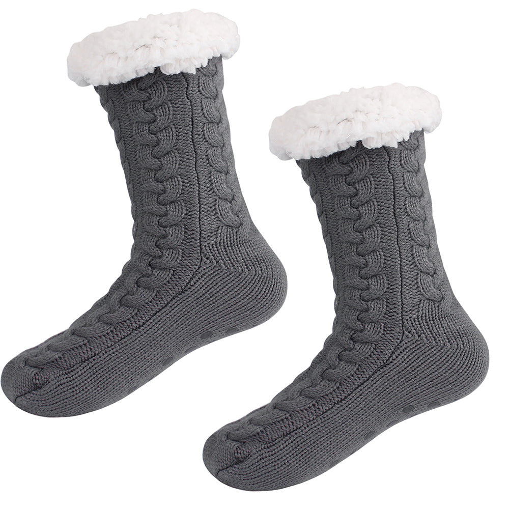 Grey Women's Fuzzy Slipper Socks - Warm Fleece Lined Thermal Cable Knit Socks with Non-Slip Grips