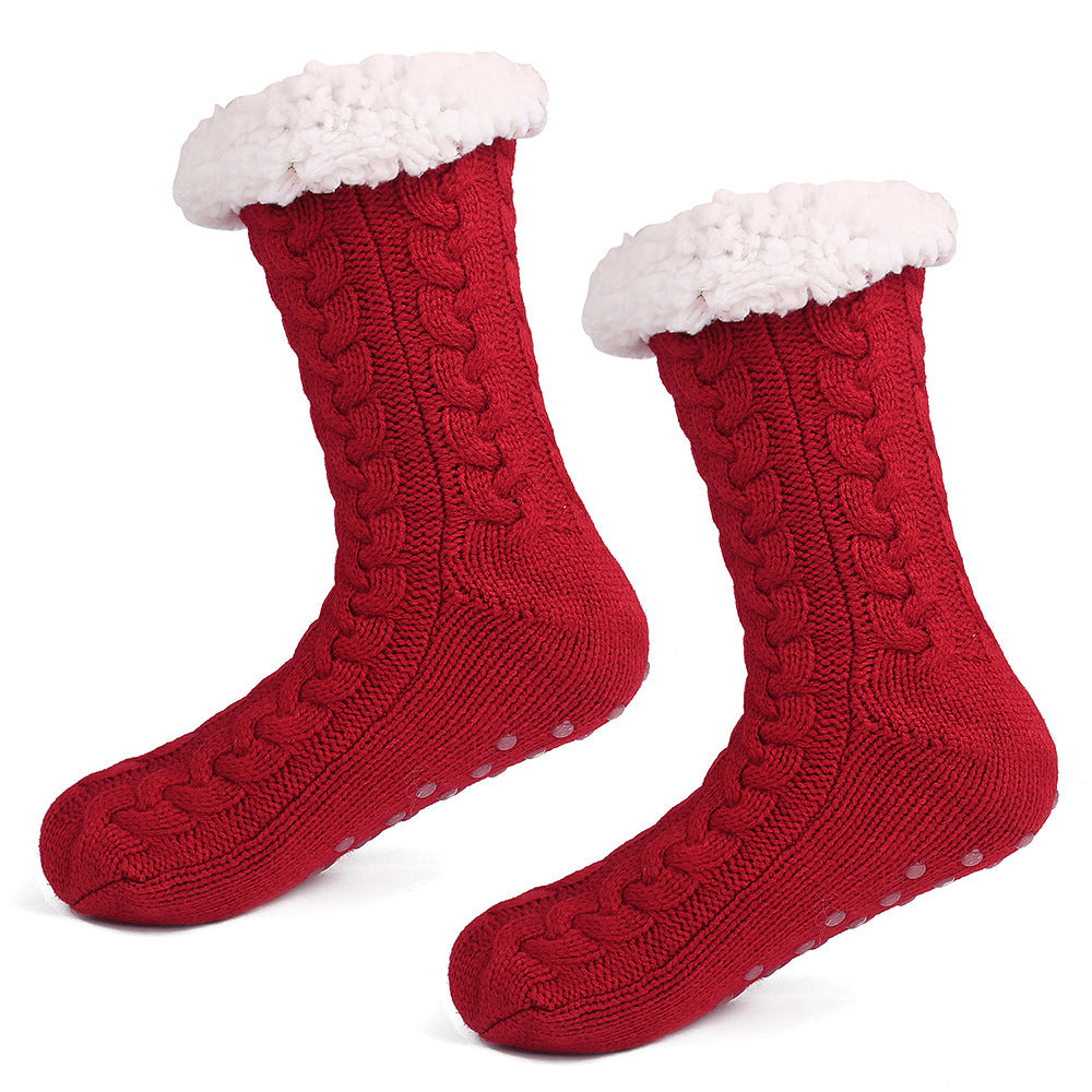 Red Women's Fuzzy Slipper Socks - Warm Fleece Lined Thermal Cable Knit Socks with Non-Slip Grips