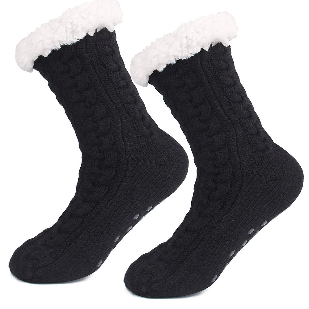 Black Women's Fuzzy Slipper Socks - Warm Fleece Lined Thermal Cable Knit Socks with Non-Slip Grips