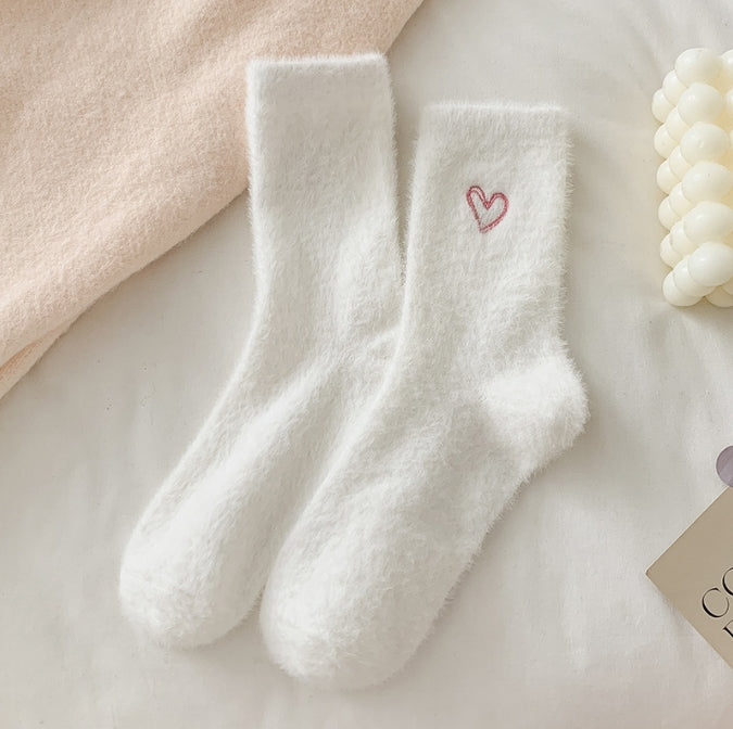 2-Piece White Women's Ultra-Soft Fuzzy Socks - Plush Chenille Thermal Crew Socks with Heart Embroidery