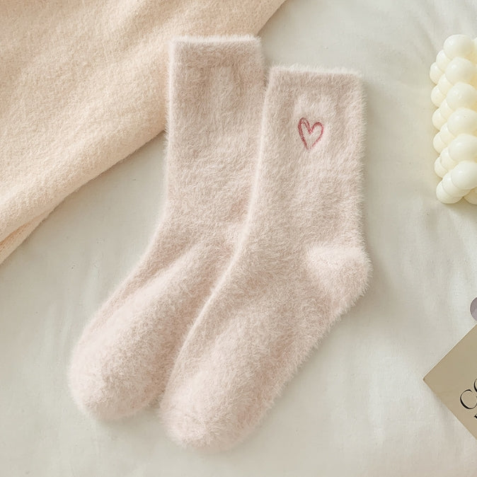 2-Piece Light Pink Women's Ultra-Soft Fuzzy Socks - Plush Chenille Thermal Crew Socks with Heart Embroidery