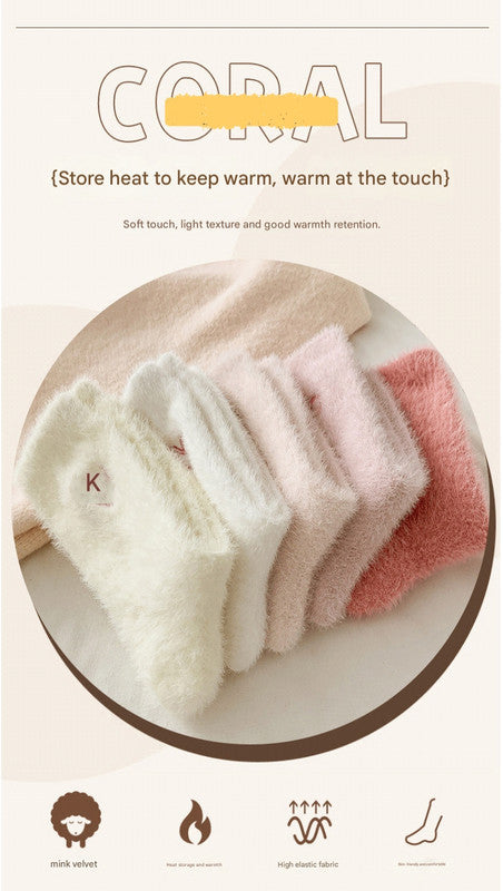 2-Piece Pale Pink Women's Ultra-Soft Fuzzy Socks - Plush Chenille Thermal Crew Socks with Heart Embroidery