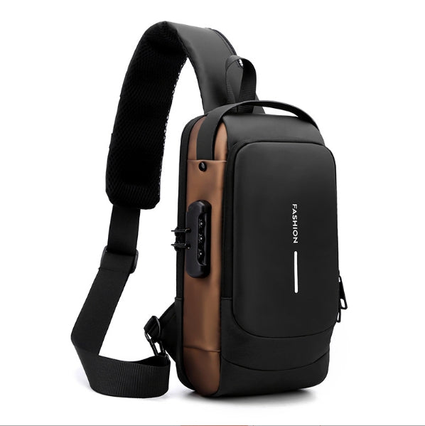 Black Gold Modern Anti-Theft Sling Bag for Men - Crossbody Backpack with USB Port & Combination Lock