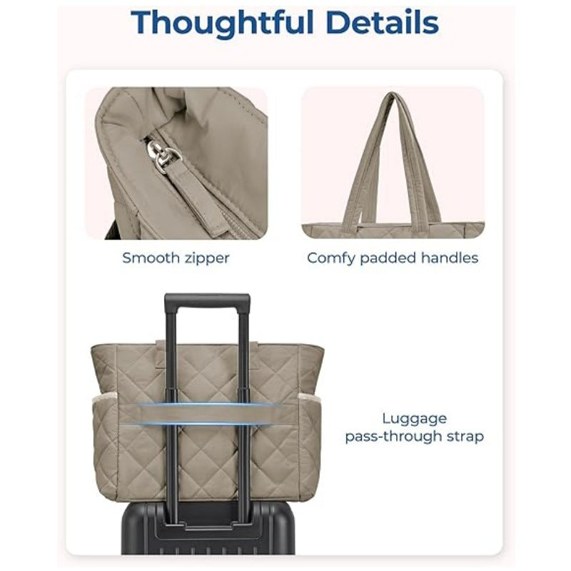 Pink Women's Multi-Pocket Tote Bag - Large Quilted Travel Handbag for Work, Gym, and More