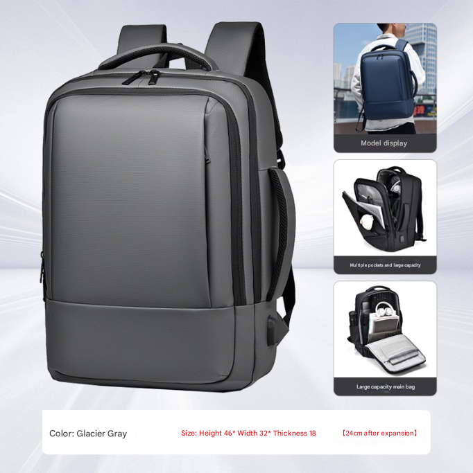 Grey Expandable Business Laptop Backpack with USB Charging Port - Large Capacity Work & Travel Bag for 15.6 Inch Laptops