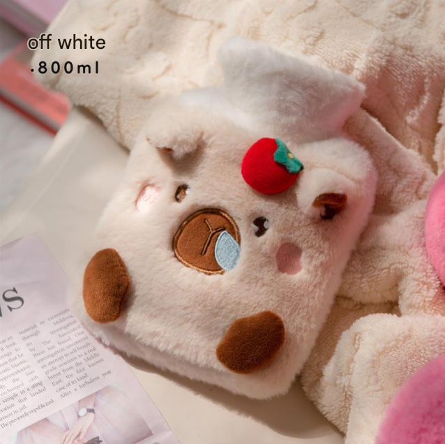 Off White Cozy Capybara Hot Water Bottle with Soft Plush Cover | Leak-Proof PVC Water Bag for Soothing Pain Relief & Winter Comfort