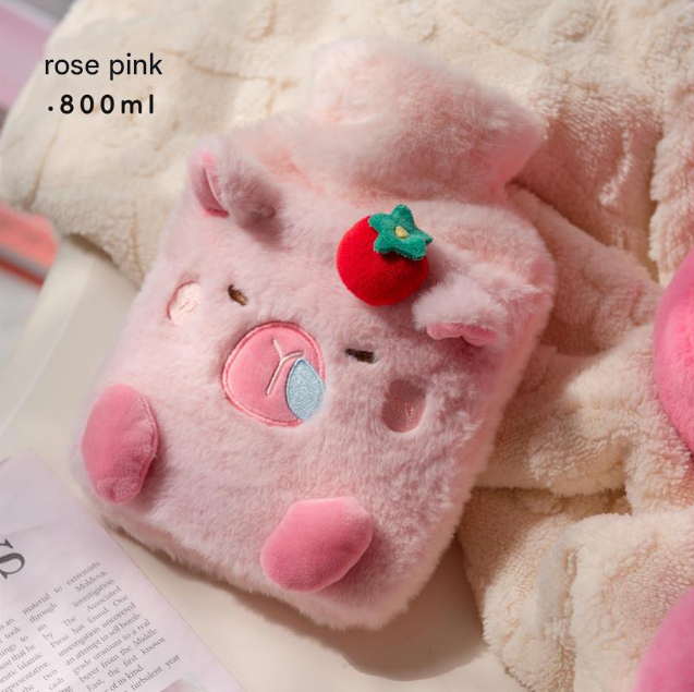 Rose Pink Cozy Capybara Hot Water Bottle with Soft Plush Cover | Leak-Proof PVC Water Bag for Soothing Pain Relief & Winter Comfort