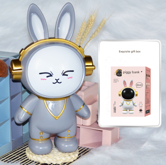 Grey Cute Astronaut Rabbit Piggy Bank | Shatterproof Kids Money Box & Room Decor Figurine
