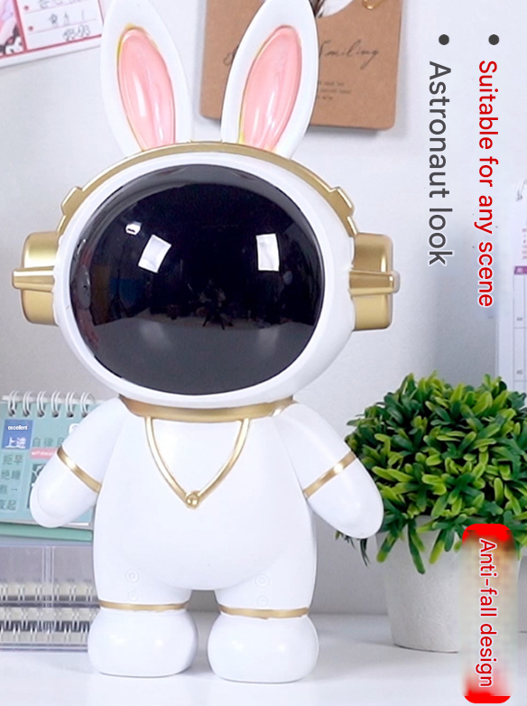 Grey Cute Astronaut Rabbit Piggy Bank | Shatterproof Kids Money Box & Room Decor Figurine