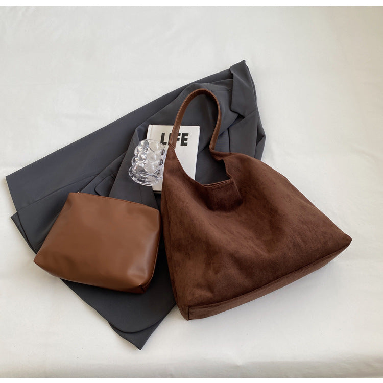 Black Chic Faux Suede Tote Bag with Matching Pouch | Large Capacity Slouchy Shoulder Bag