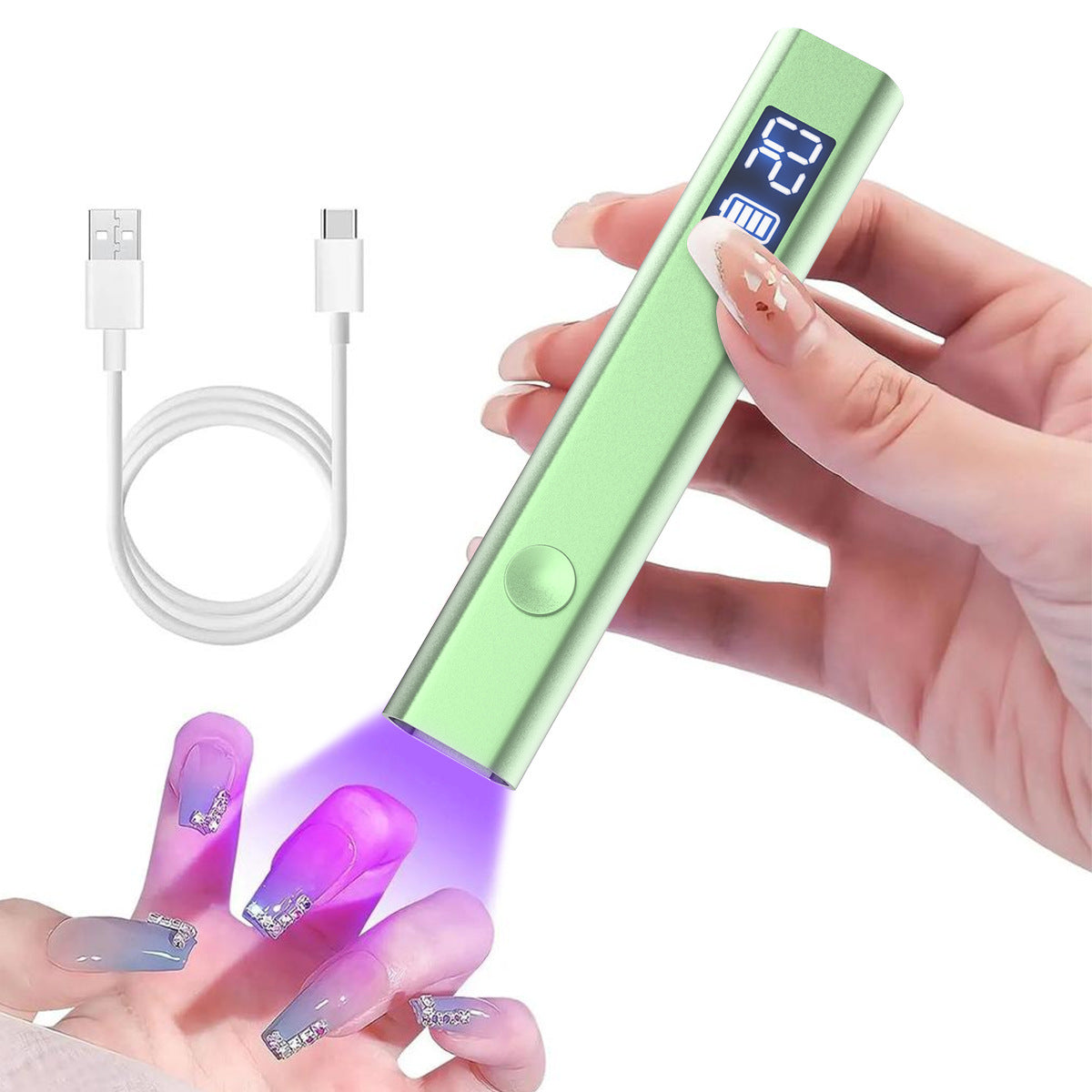 Green Handheld UV LED Nail Curing Pen - Portable USB-C Rechargeable Light for Fast-Drying Gel Polish & Nail Art