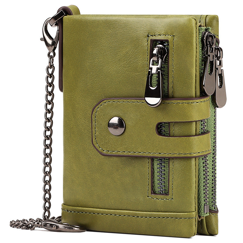 Green Genuine Leather Men's RFID Blocking Wallet - High Capacity Trifold with Zipper Coin Pocket