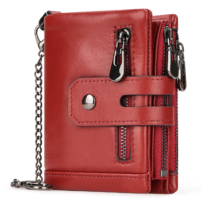Red Genuine Leather Men's RFID Blocking Wallet - High Capacity Trifold with Zipper Coin Pocket