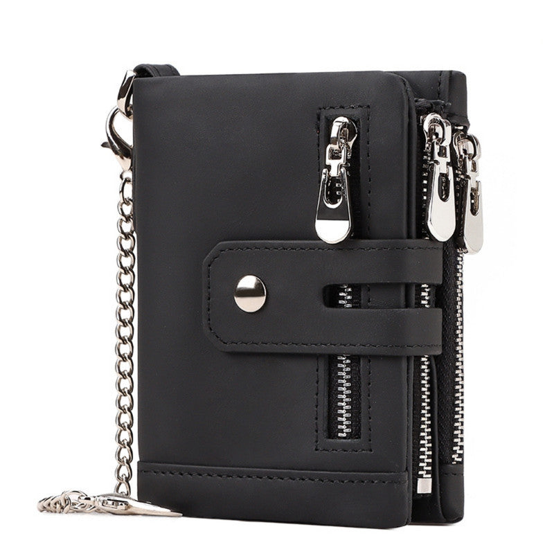 Black Genuine Leather Men's RFID Blocking Wallet - High Capacity Trifold with Zipper Coin Pocket