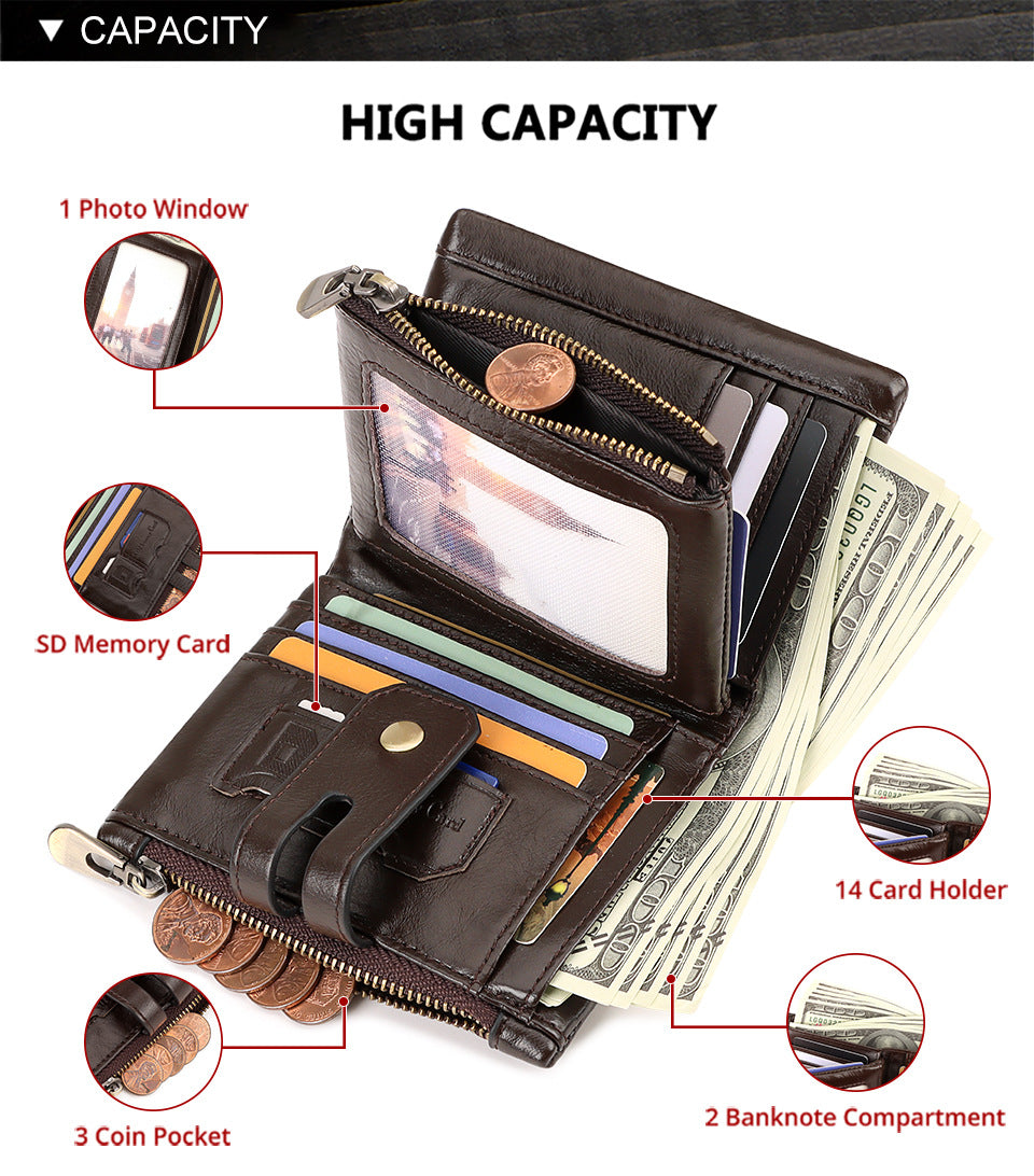 Black Genuine Leather Men's RFID Blocking Wallet - High Capacity Trifold with Zipper Coin Pocket