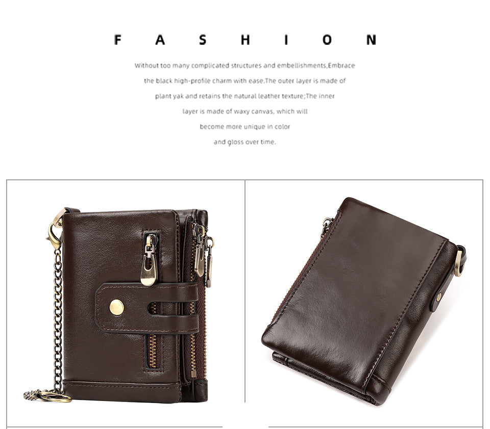 Black Genuine Leather Men's RFID Blocking Wallet - High Capacity Trifold with Zipper Coin Pocket