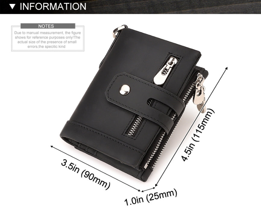 Black Genuine Leather Men's RFID Blocking Wallet - High Capacity Trifold with Zipper Coin Pocket