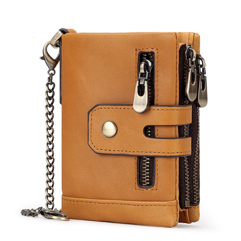 Brown Genuine Leather Men's RFID Blocking Wallet - High Capacity Trifold with Zipper Coin Pocket