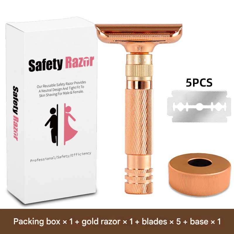 Rose gold Premium Adjustable Double Edge Safety Razor Kit - 8-Setting Precision Shave with Stand & 5 Blades