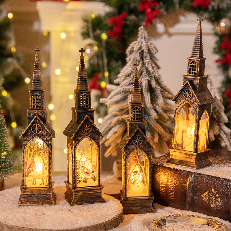 3-pcs Santa Claus Vintage Christmas Church LED Lantern - Battery Operated Decorative Holiday Night Light