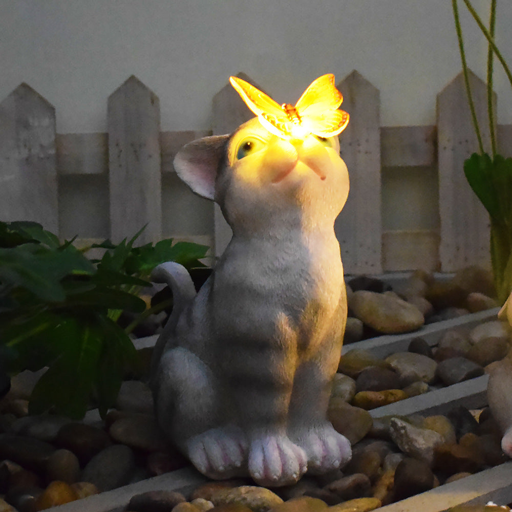 Cats and Butterflies Charming Solar-Powered Animal Garden Statue - Waterproof Resin Figurine with Glowing LED Accents