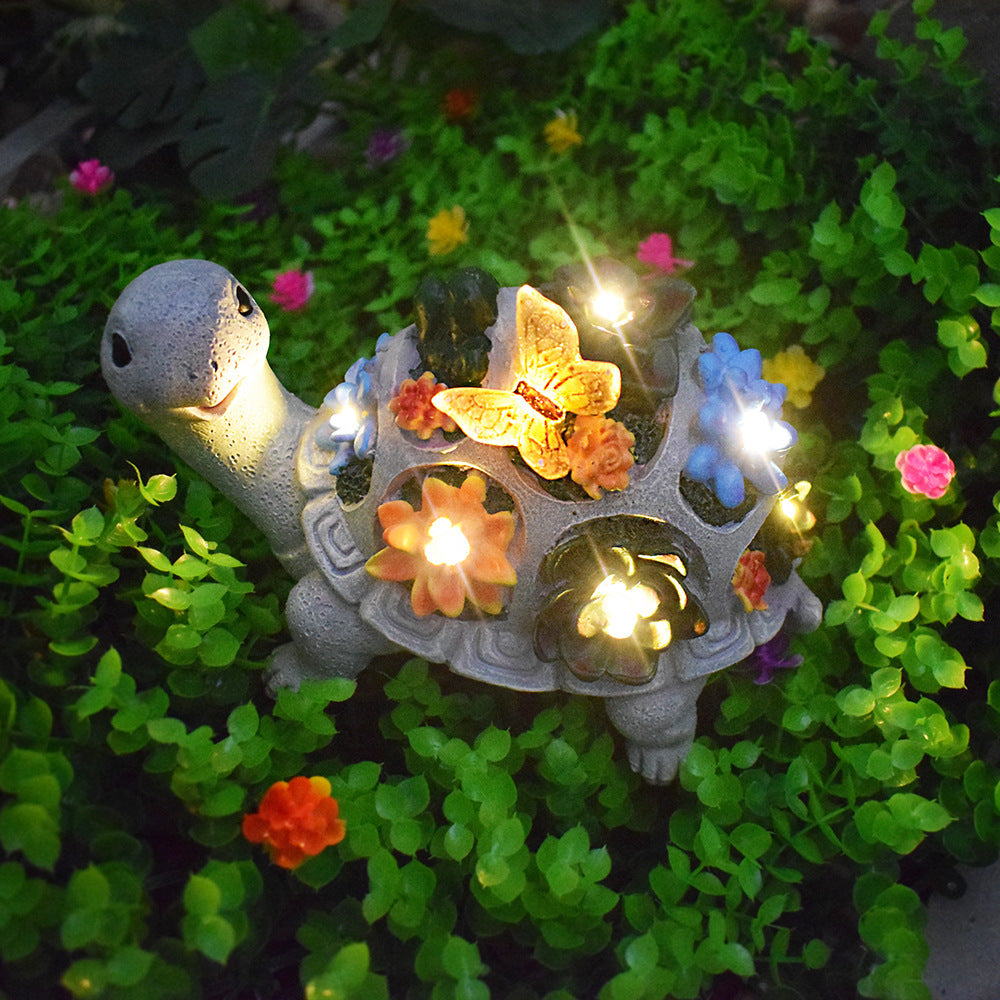 Turtle and Butterfly Charming Solar-Powered Animal Garden Statue - Waterproof Resin Figurine with Glowing LED Accents