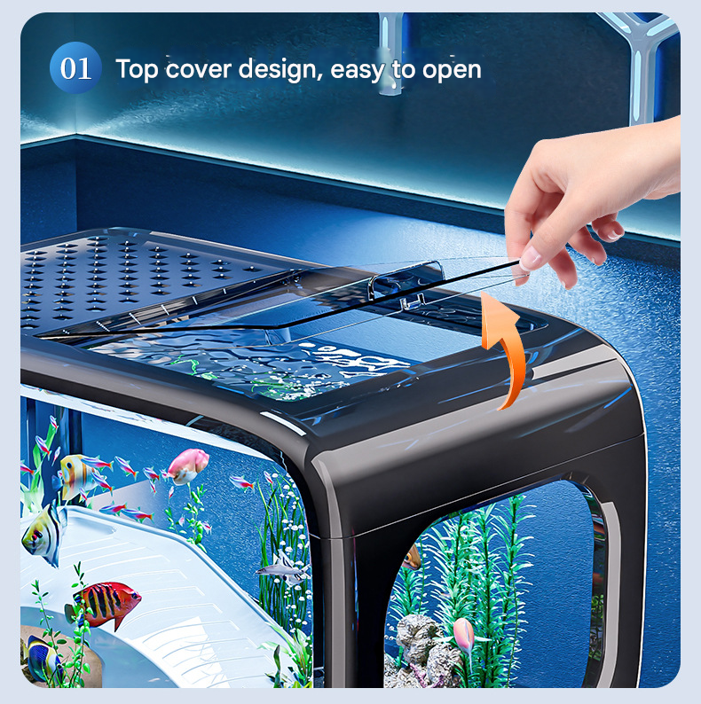 Brown Modern Desktop Aquarium & Turtle Tank - Panoramic Viewing Fish Tank with Basking Platform & Lid