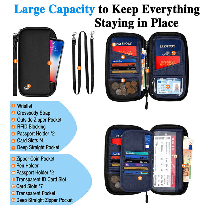 Black RFID Blocking Travel Wallet - Multi-functional Large Capacity Passport Holder & Card Organizer with Adjustable Strap for Men & Women