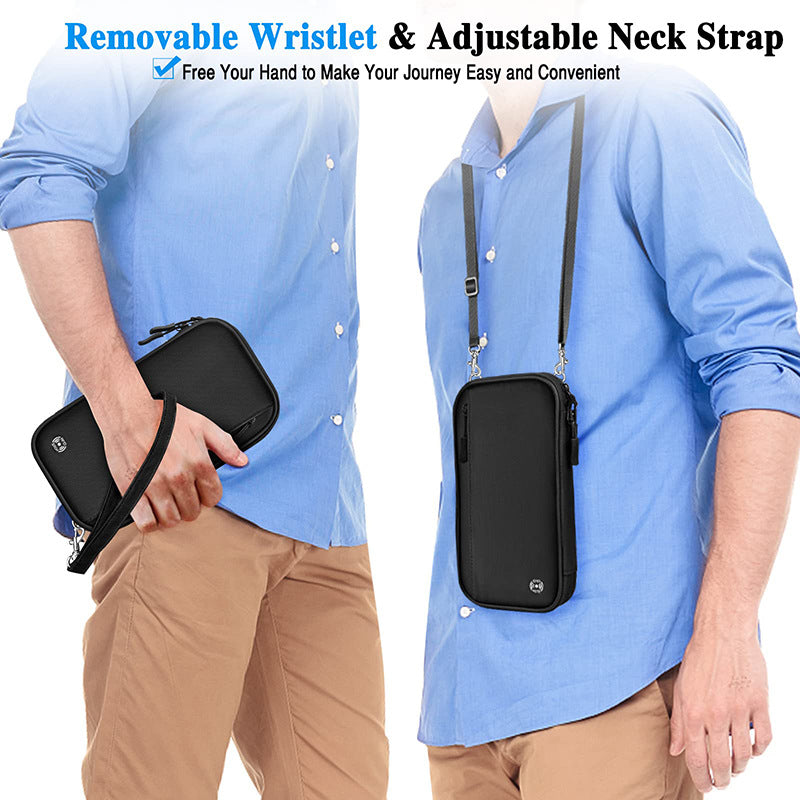 Black RFID Blocking Travel Wallet - Multi-functional Large Capacity Passport Holder & Card Organizer with Adjustable Strap for Men & Women