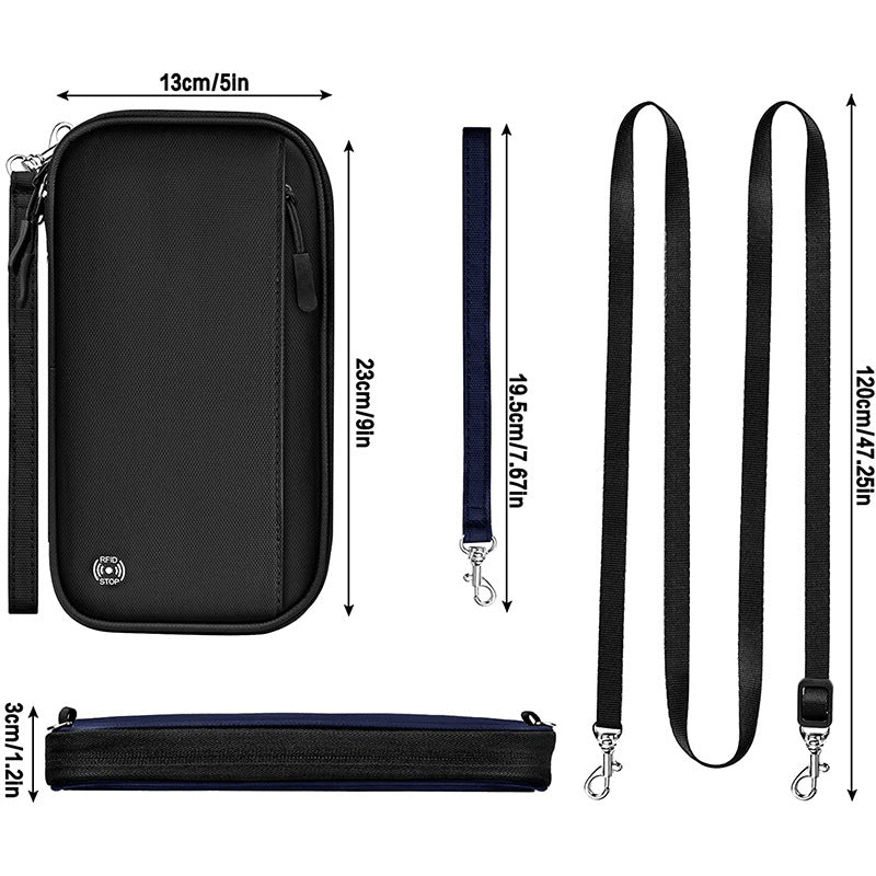Dark blue RFID Blocking Travel Wallet - Multi-functional Large Capacity Passport Holder & Card Organizer with Adjustable Strap for Men & Women
