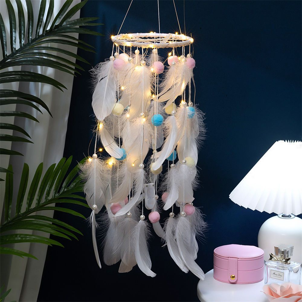 Colorful Boho Pom Pom Feather Dreamcatcher - Whimsical Hanging Mobile for Girls Bedroom & Nursery Decor