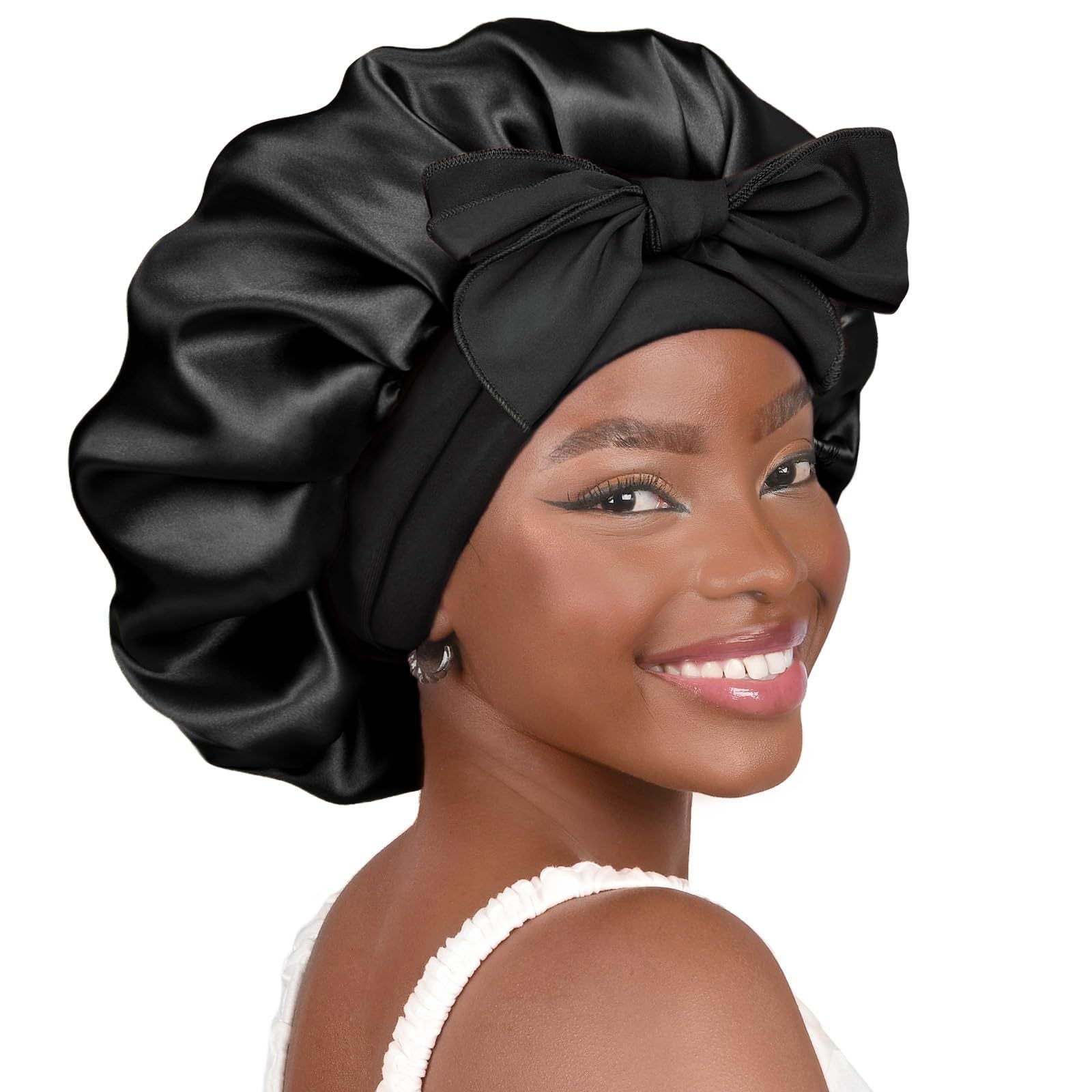Black Luxury Double Layer Satin Bonnet with Bow Tie - Large Hair Protection Sleep Cap for All Hair Types