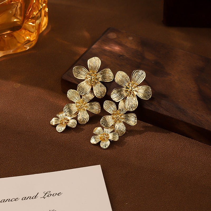 Gold Textured Cascading Floral Statement Drop Earrings for Women