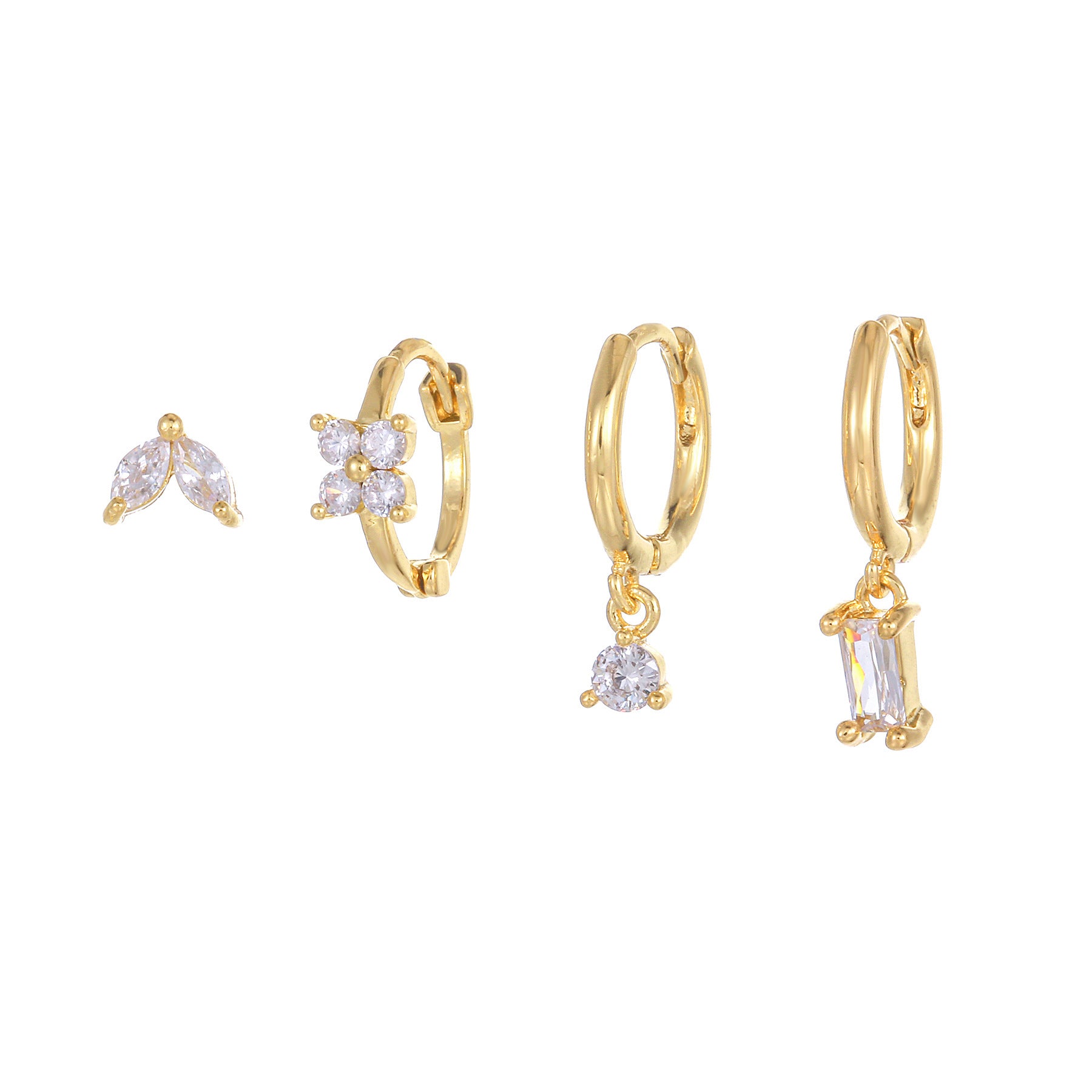 Four-piece set Gold Delicate CZ Earring Stacking Set - Huggie Hoops & Studs for Multiple Piercings