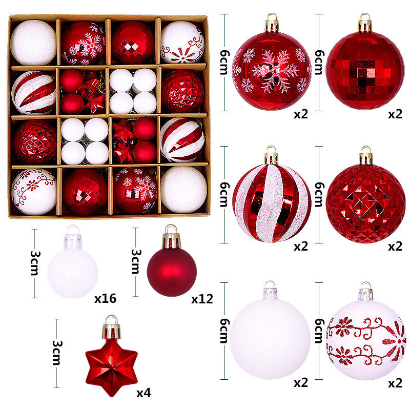 Red and white 44-Piece Assorted Christmas Baubles Set with Elegant Designs in Wooden Gift Box - 3-6cm Decorative Ornaments for Tree, Home & Holiday Display