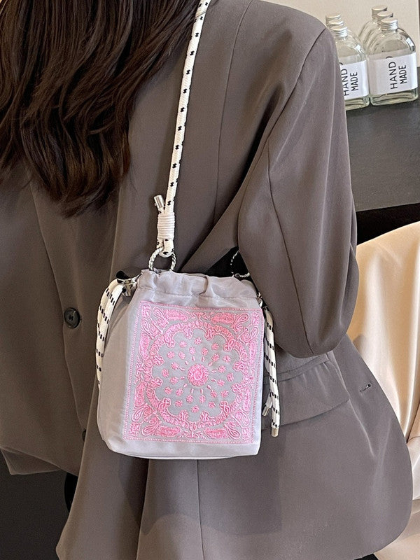 Chic Drawstring Bucket Bag with Intricate Print - Adjustable Rope Strap, Lightweight Fabric(Pink)