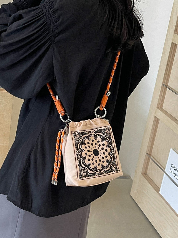 Chic Drawstring Bucket Bag with Intricate Print - Adjustable Rope Strap, Lightweight Fabric(Pink)