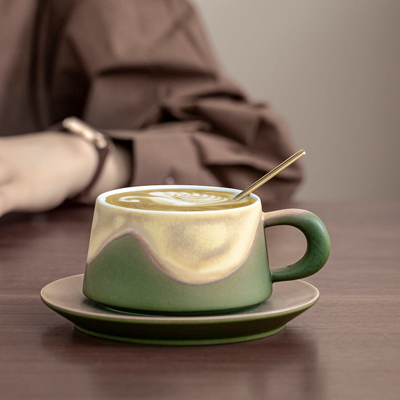 Artistic Ceramic Coffee Cup & Saucer Set with Spoon - Gradient Glaze, 240ml, Gift Boxed(Orange)