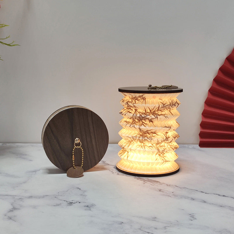 Foldable Telescopic Lantern Lamp - 3 Light Modes, USB Rechargeable, Wood/Paper Finish(Ink Bamboo Painting)