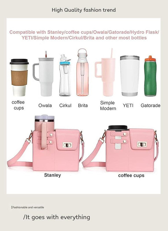 Chic PU Leather Crossbody Bag with Tumbler Holder - Multi-Compartment, Adjustable StrapChic PU Leather Crossbody Bag with Tumbler Holder - Multi-Compartment, Adjustable Strap,Does not include thermos cup(blue)