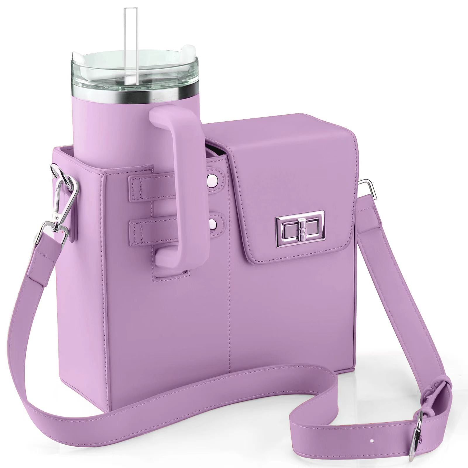 Chic PU Leather Crossbody Bag with Tumbler Holder - Multi-Compartment, Adjustable StrapChic PU Leather Crossbody Bag with Tumbler Holder - Multi-Compartment, Adjustable Strap,Does not include thermos cup(purple)