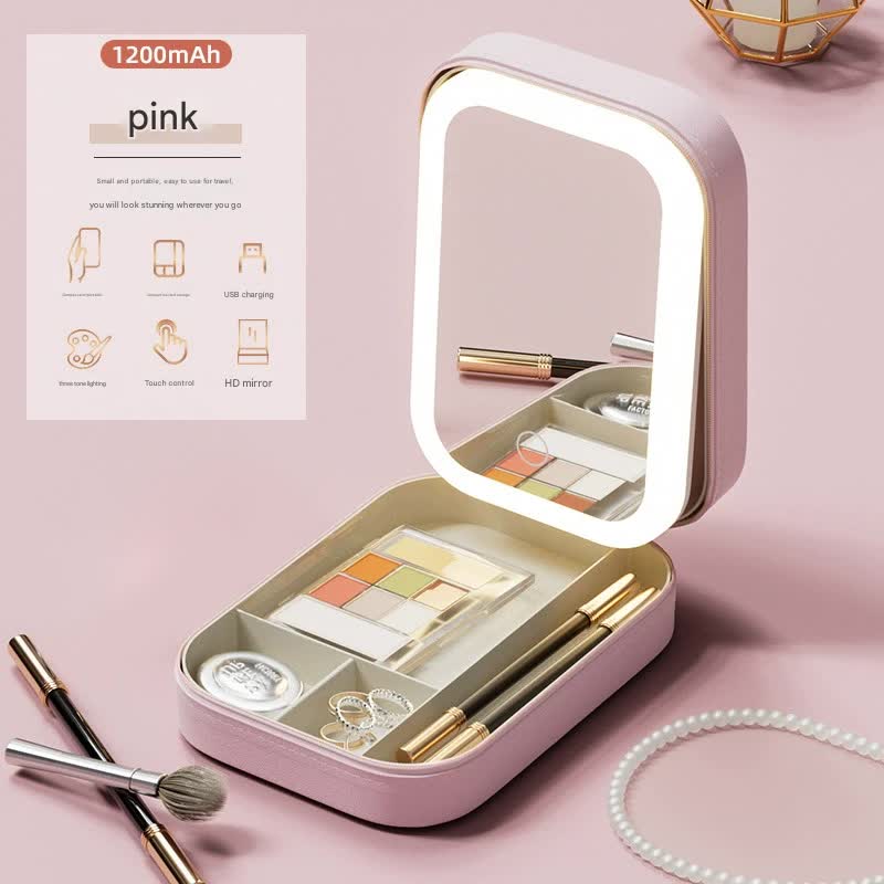 Portable Jewelry & Makeup Organizer Box with LED Touch Mirror - Rechargeable, Adjustable Lighting(pink)