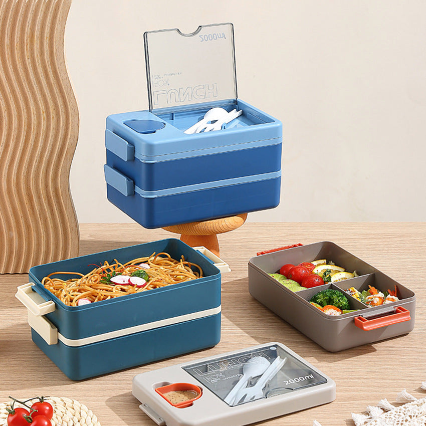 2L Double-Layer Bento Lunch Box - Leak-Proof with Utensil & Sauce Container(Grey)