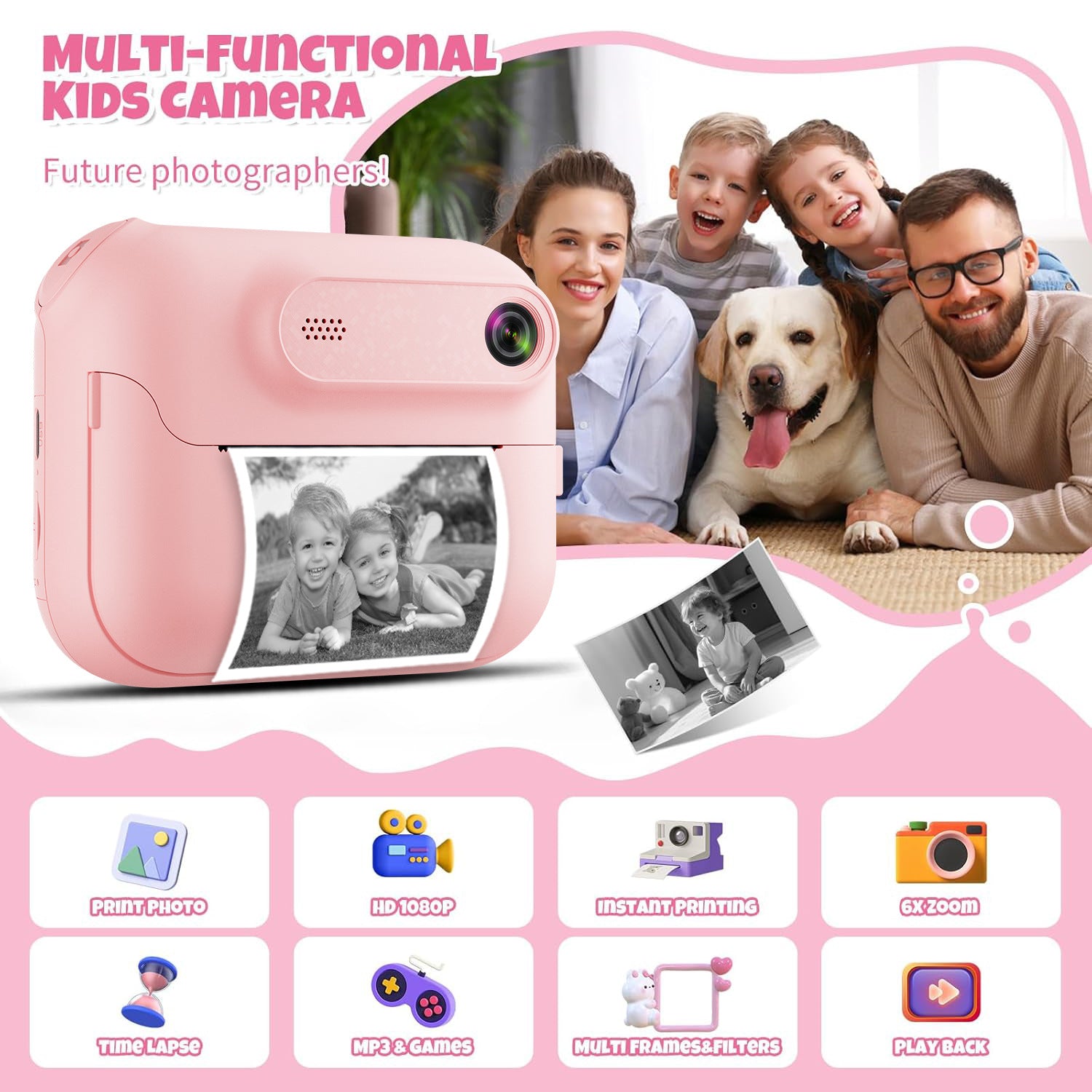 Kids Multi-Functional Camera Toy - Instant B&W Printing & Creative Stickers(purple)