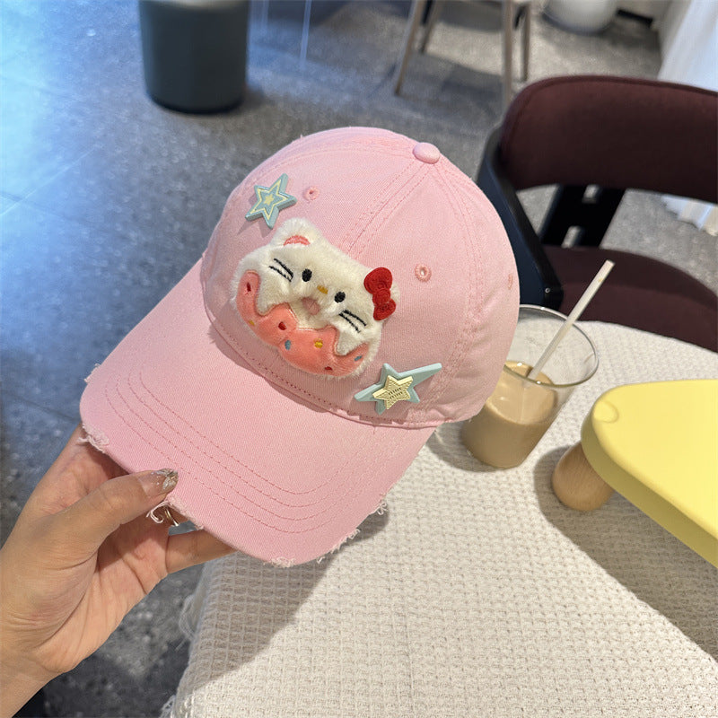 Adorable Cartoon Cat & Stars Baseball Cap - 100% Cotton, Adjustable Fit, Sun Protection(pink)