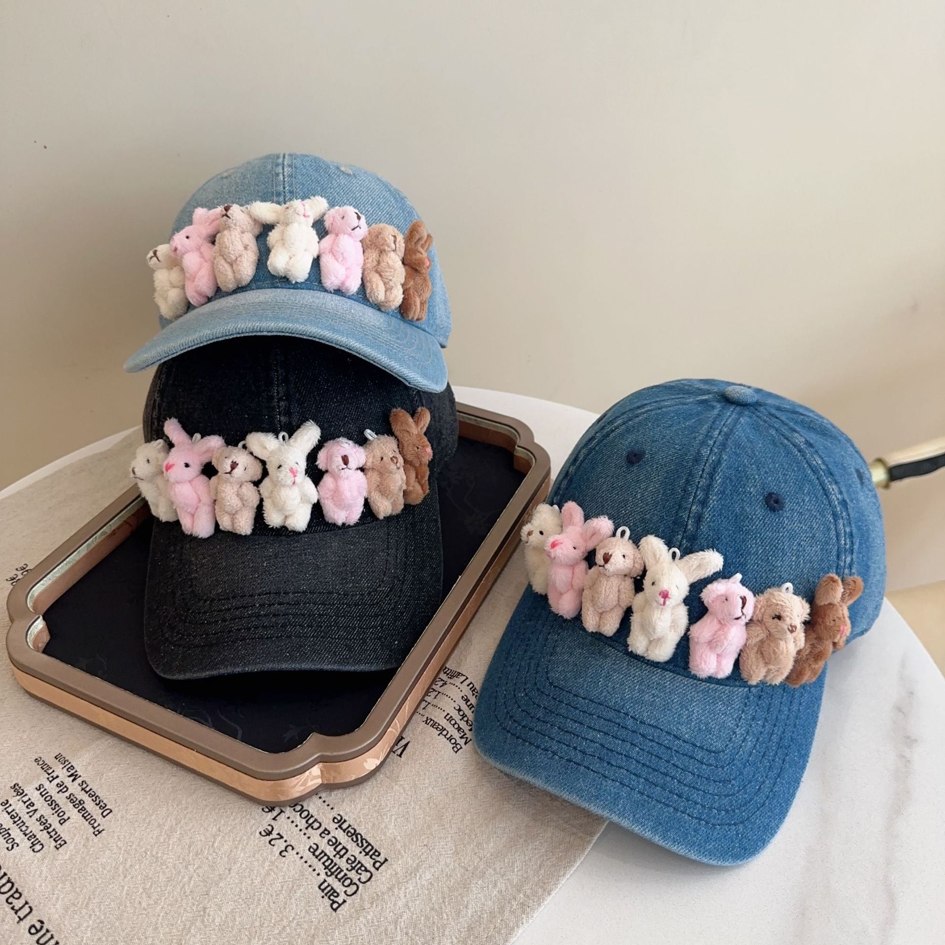 Whimsical Plush Bunny Row Denim Baseball Cap - Adjustable, Sun Protection, Breathable Comfort(Light Blue)