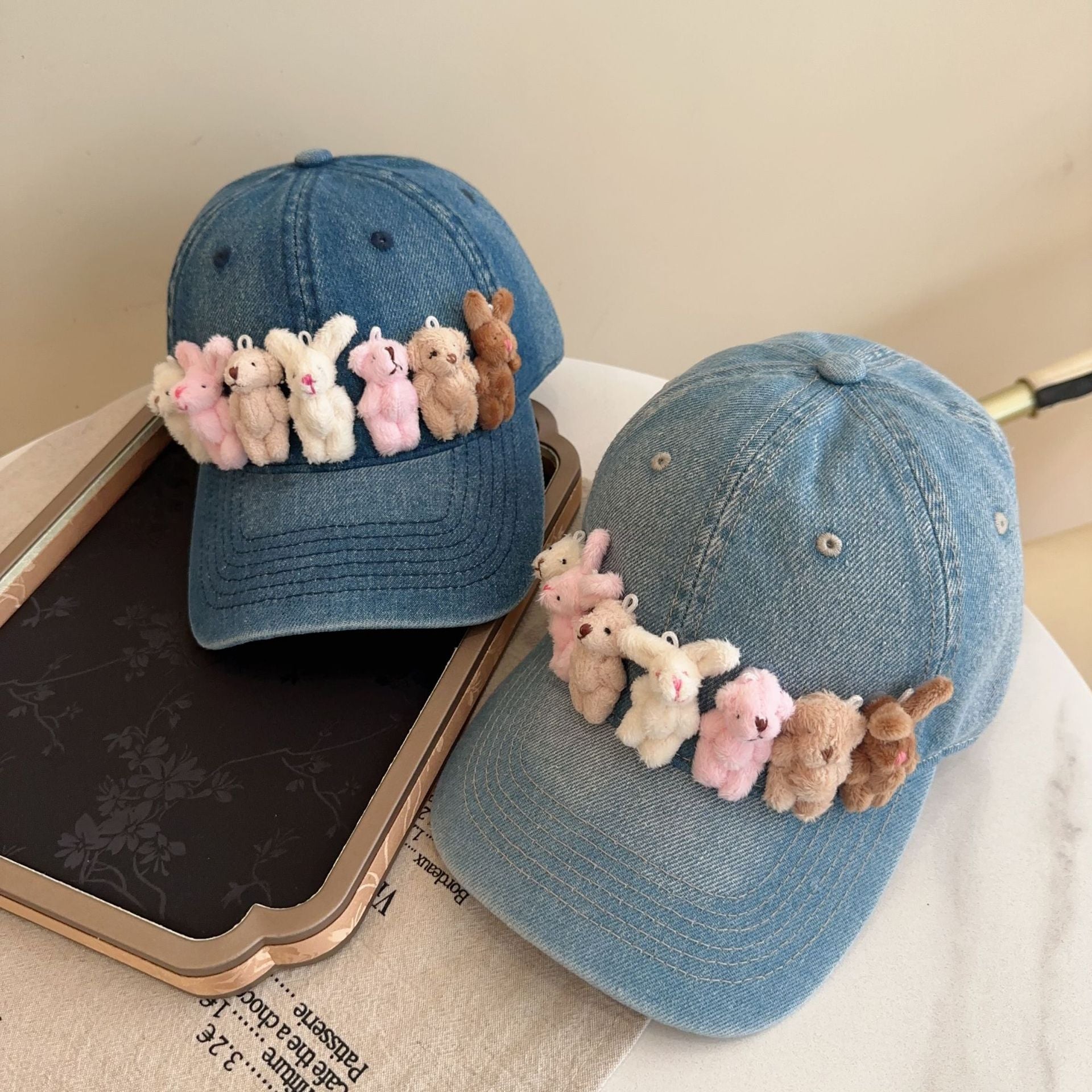 Whimsical Plush Bunny Row Denim Baseball Cap - Adjustable, Sun Protection, Breathable Comfort(Dark Blue)