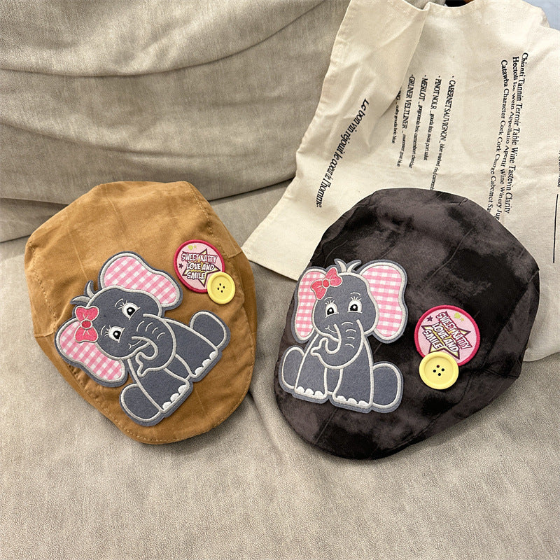 Cute Elephant Applique Beret Hat - Soft Fabric, Adjustable Fit, Retro Newsboy Cap(khaki)